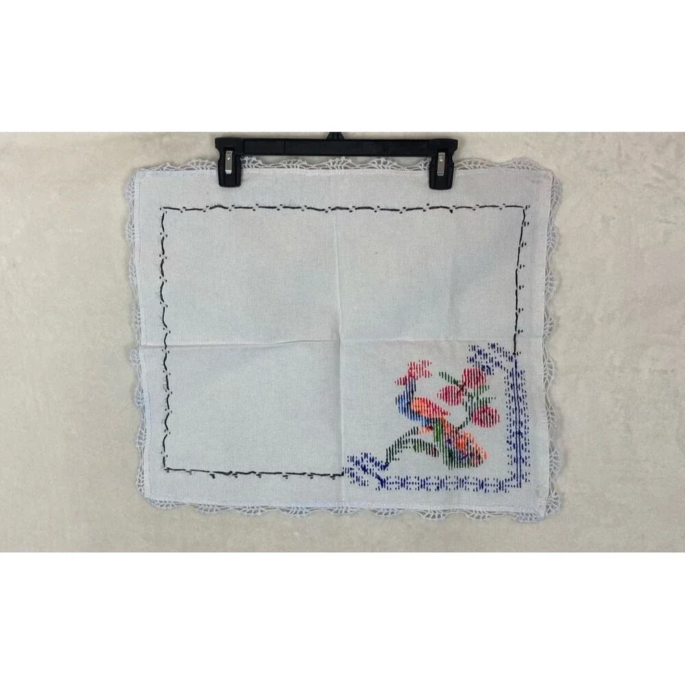 Vintage Handmade Cross-Stitch Peacock and Floral Table Topper Lace Trim 17x21